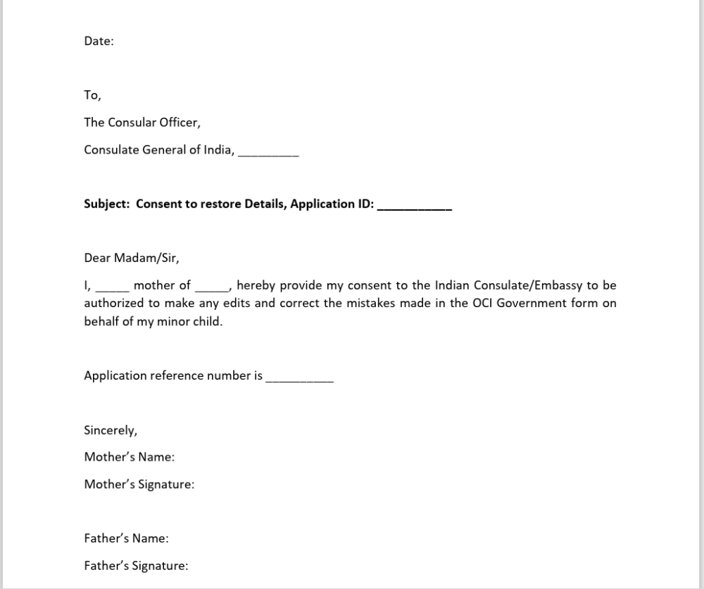 Indian OCI Card Consent Letter Visas For Future